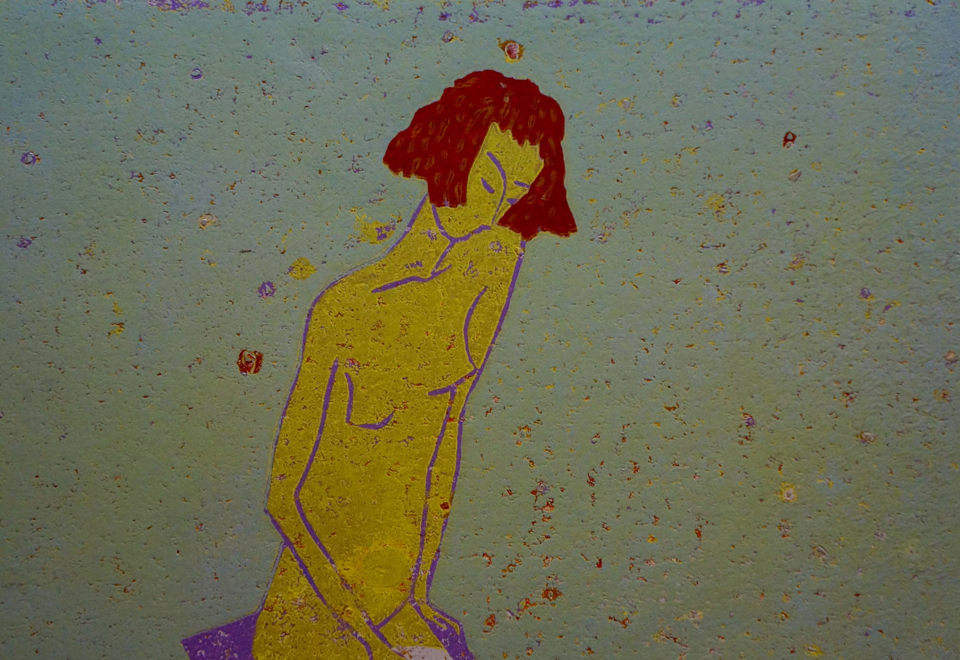 Stylized abstract portrait of female figure Albina Yaloz, short red hair, yellow skin