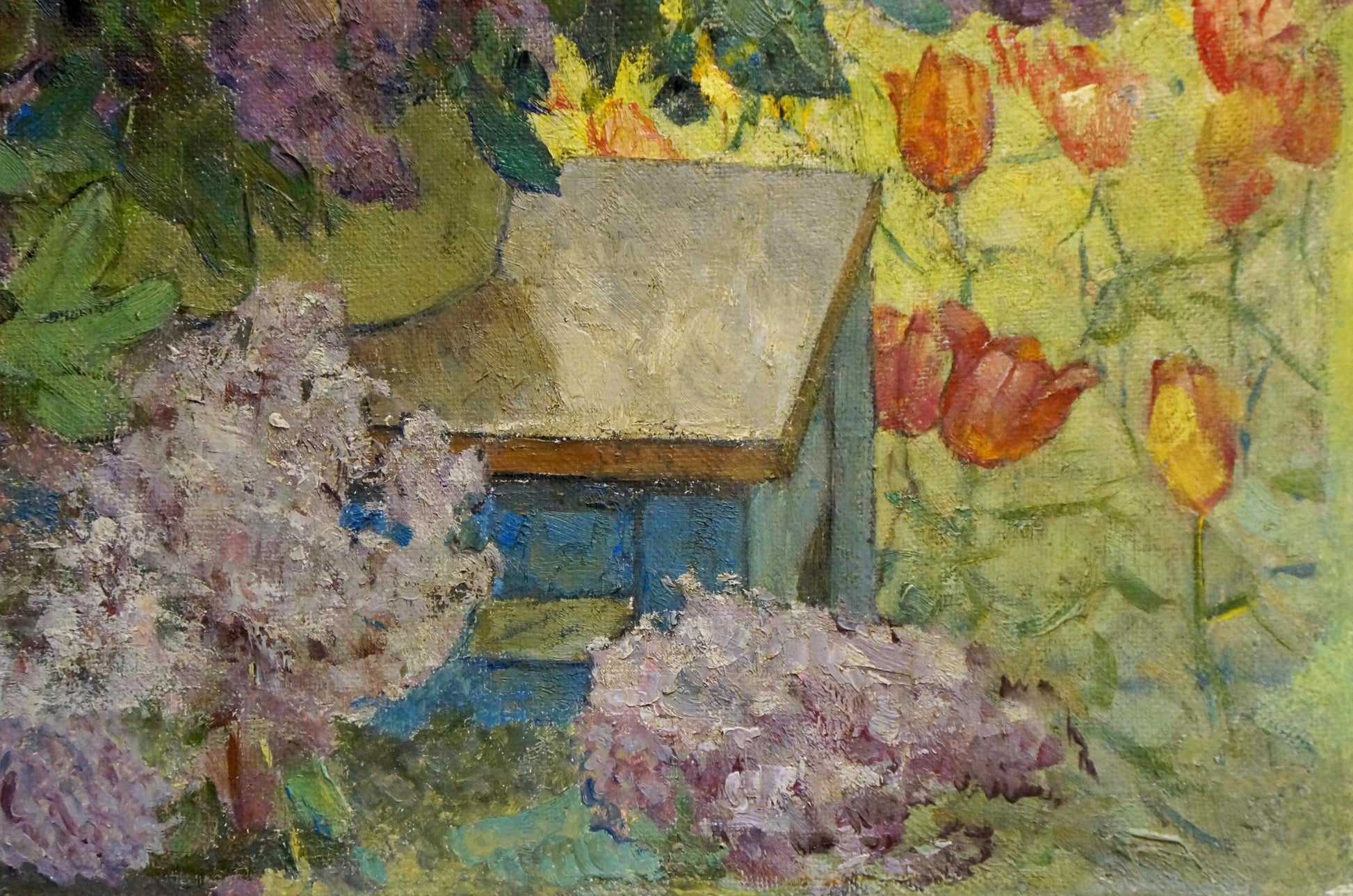 Oil painting by Moisey Lvovich Vol’shteyn: blue garden shed amid lilacs and tulips