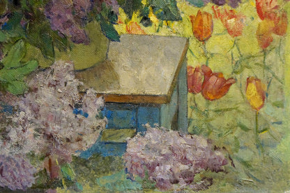 Oil painting by Moisey Lvovich Vol’shteyn: blue garden shed amid lilacs and tulips