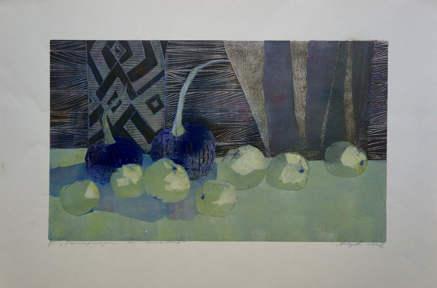 Abstract Apples and Pumpkins painting by Albina Yaloz with dark blue green apples