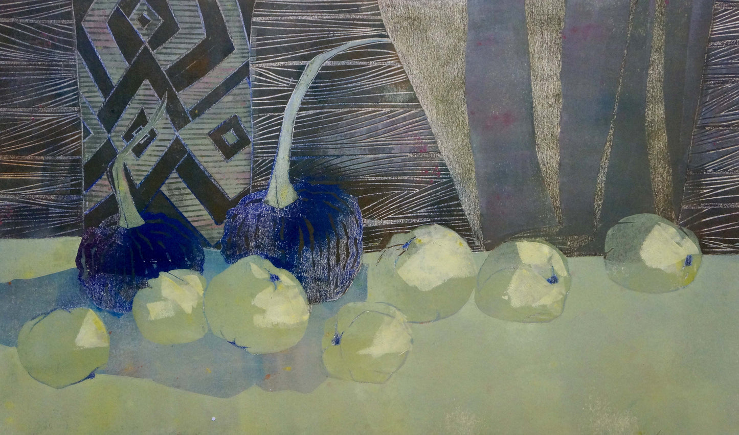 Watercolor abstract apples and pumpkins by Albina Yaloz in dark blue and pale green