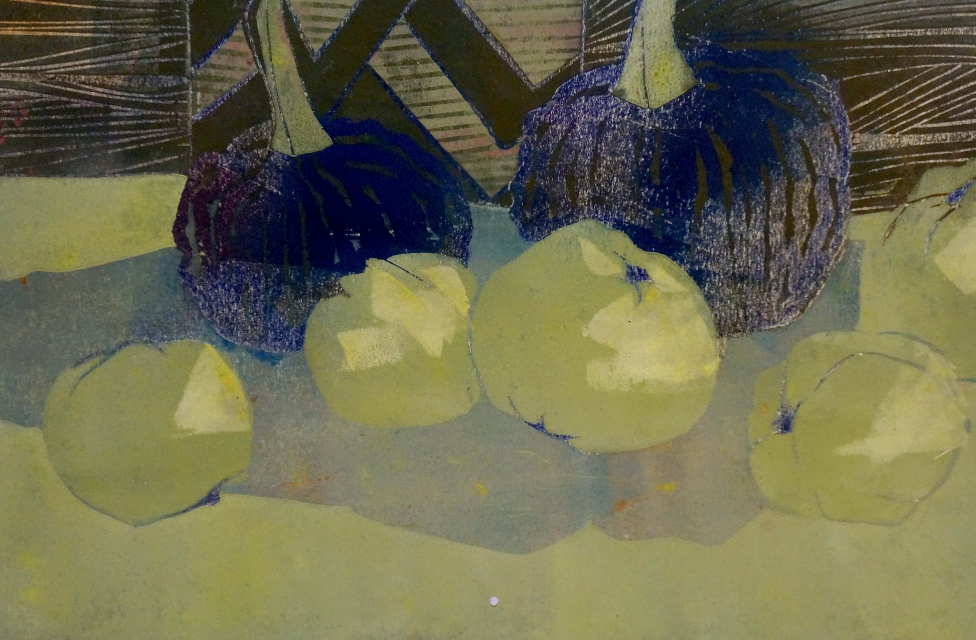 Abstract painting of deep blue textured pumpkins and pale yellow apples by Albina Yaloz