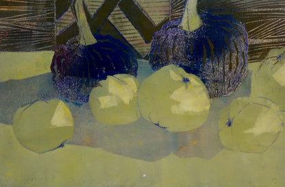 Abstract painting of deep blue textured pumpkins and pale yellow apples by Albina Yaloz