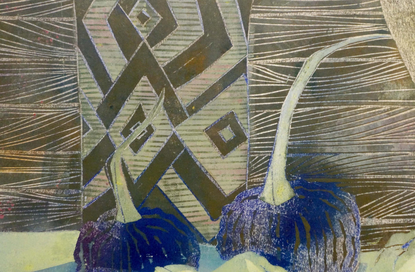 Abstract Albina Yaloz painting of two deep blue pumpkins with white stems