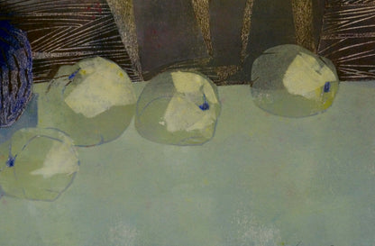 Translucent pale yellow spheres with blue accents in Albina Yaloz abstract painting