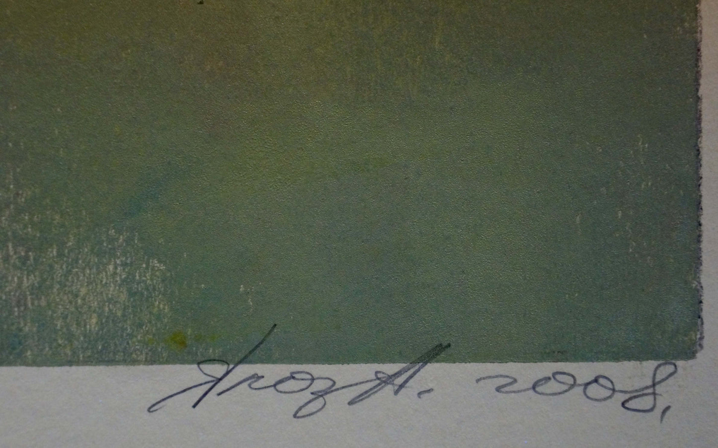 Signed green abstract painting 2008 by Albina Yaloz apples pumpkins