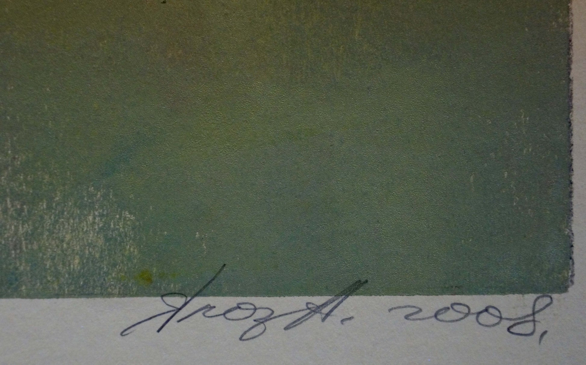 Signed green abstract painting 2008 by Albina Yaloz apples pumpkins