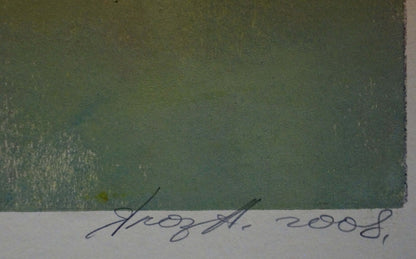 Signed green abstract painting 2008 by Albina Yaloz apples pumpkins