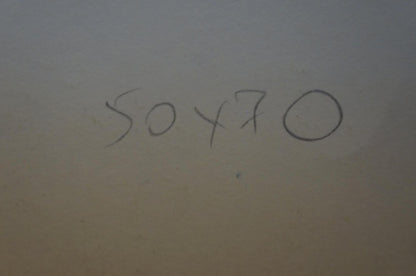 Back of Abstract painting Apples and pumpkins Albina Yaloz with handwritten 50 x 70 notation