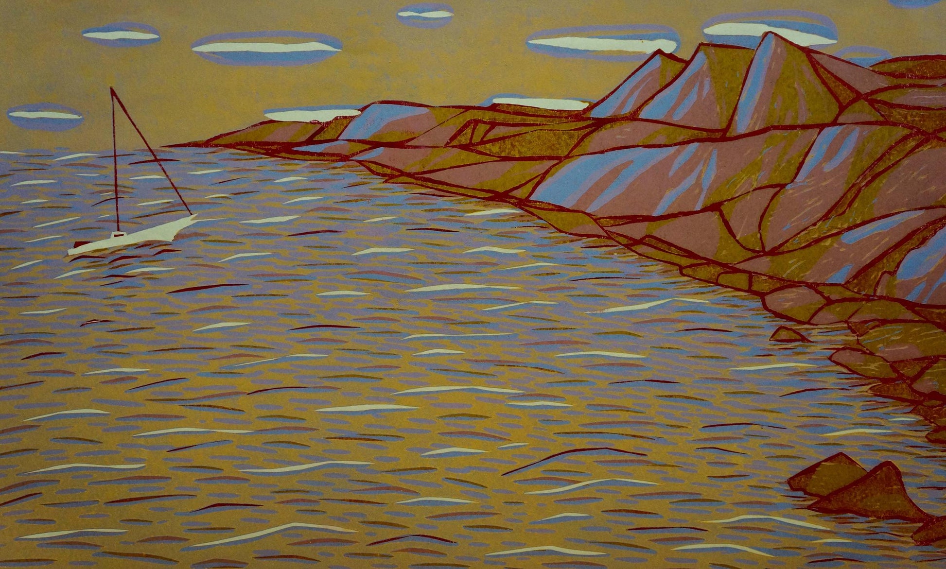 Abstract pink morning painting of white sailboat by Albina Yaloz