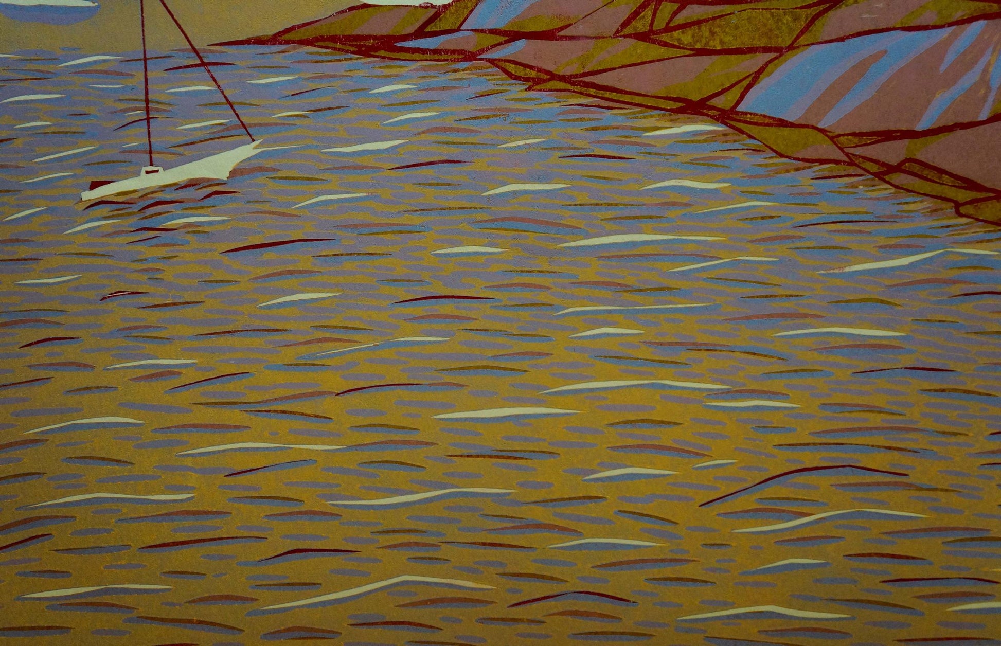 Stylized white sailboat with red mast on golden water in Pink morning by Albina Yaloz