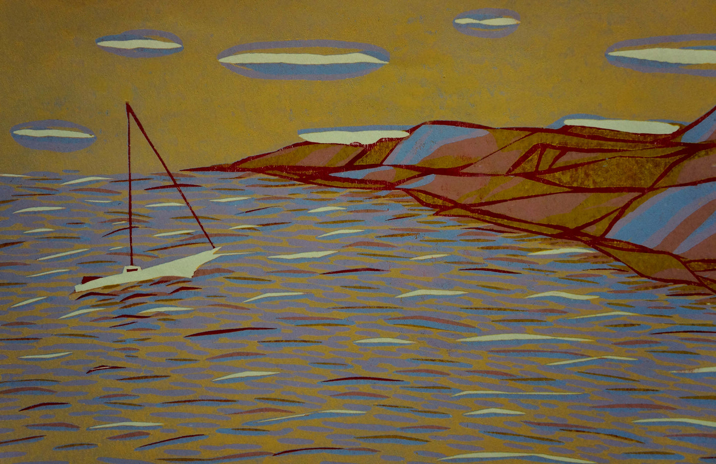 Abstract Pink Morning sailboat painting by Albina Yaloz
