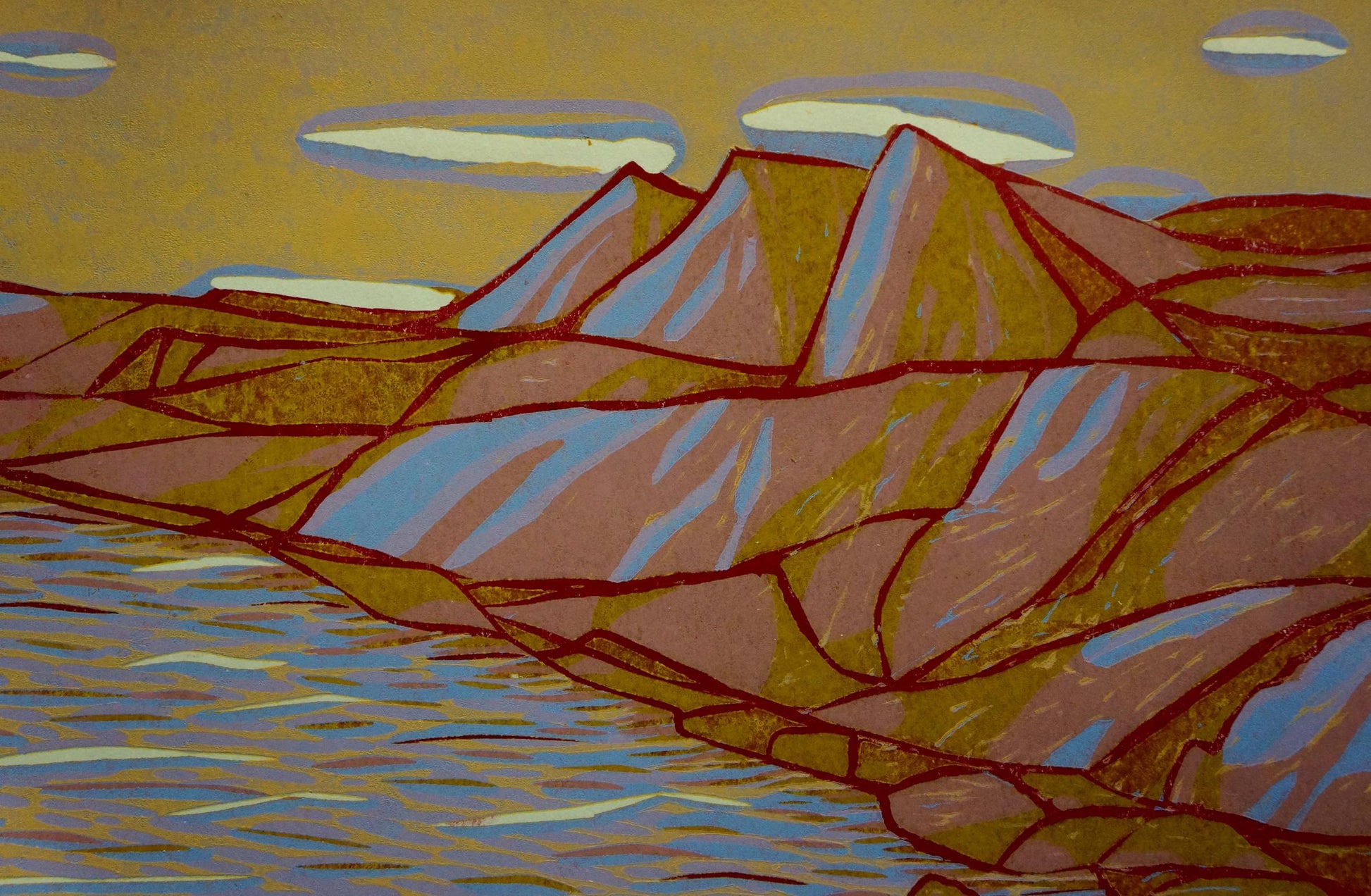 Abstract Pink Morning painting by Albina Yaloz: stylized ochre mountain peaks