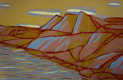 Abstract Pink Morning painting by Albina Yaloz: stylized ochre mountain peaks