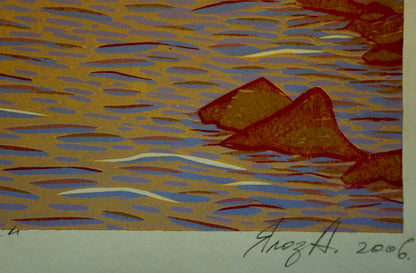 Abstract Pink Morning painting by Albina Yaloz: reddish-brown rocks in golden-blue water