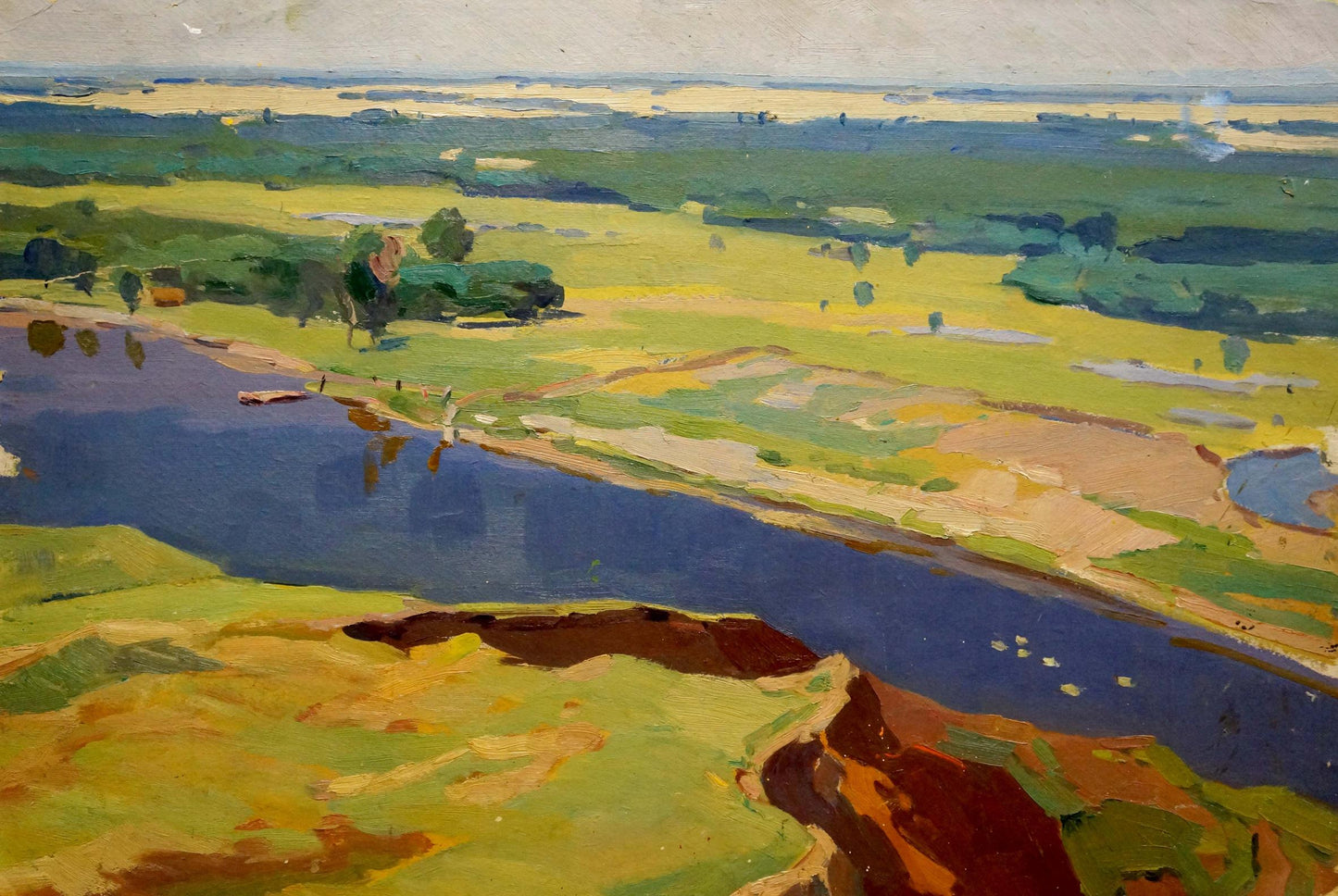 Vibrant impressionist oil painting by Scriabin Petr Dmitrievich: winding river, green fields, trees