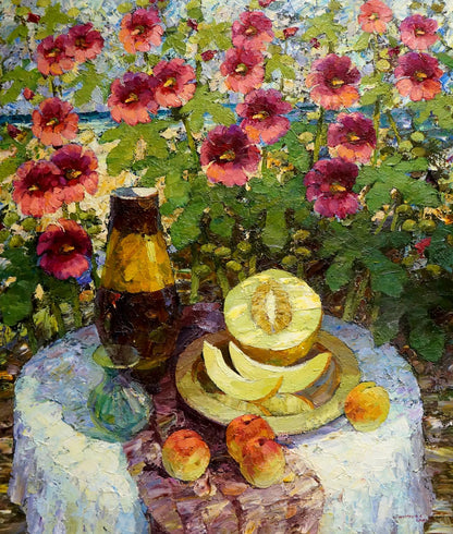 Oil painting by Mallow Smirnov Evgeny Vladimirovich: pink purple flowers, cantaloupe, peaches