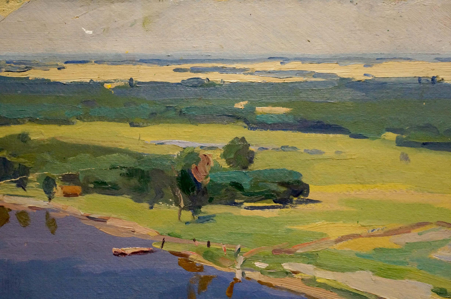 Serene impressionist oil painting by Scriabin Petr Dmitrievich, green fields and river