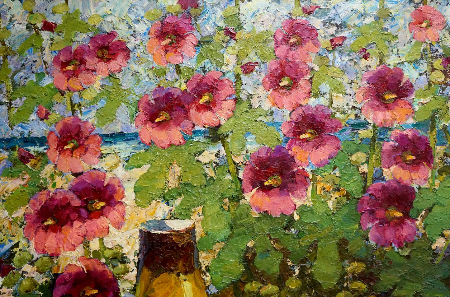 Vibrant oil painting of pink magenta hollyhocks by Smirnov Evgeny Vladimirovich