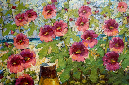 Vibrant oil painting of pink magenta hollyhocks by Smirnov Evgeny Vladimirovich