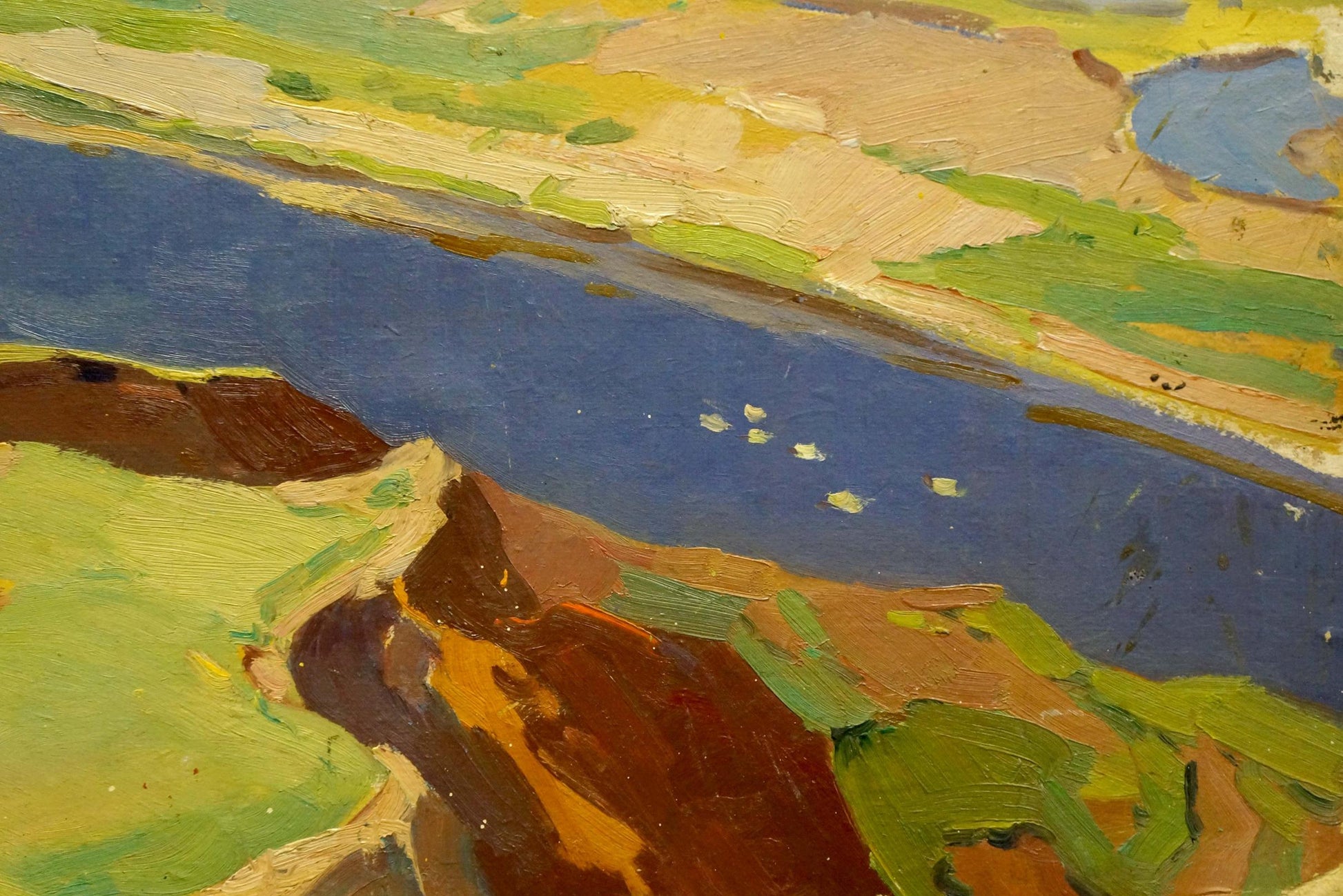 Vibrant impressionist oil painting by Scriabin Petr Dmitrievich of river with birds