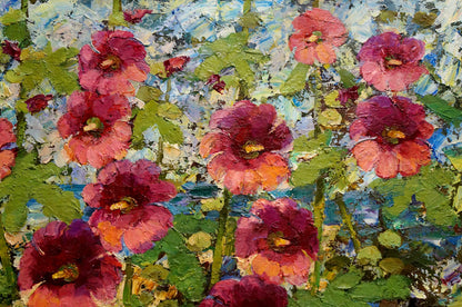 Vibrant oil painting of pink hollyhocks by Smirnov Evgeny Vladimirovich