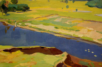 Vibrant impressionist oil painting by Scriabin Petr Dmitrievich of winding river in lush forest landscape