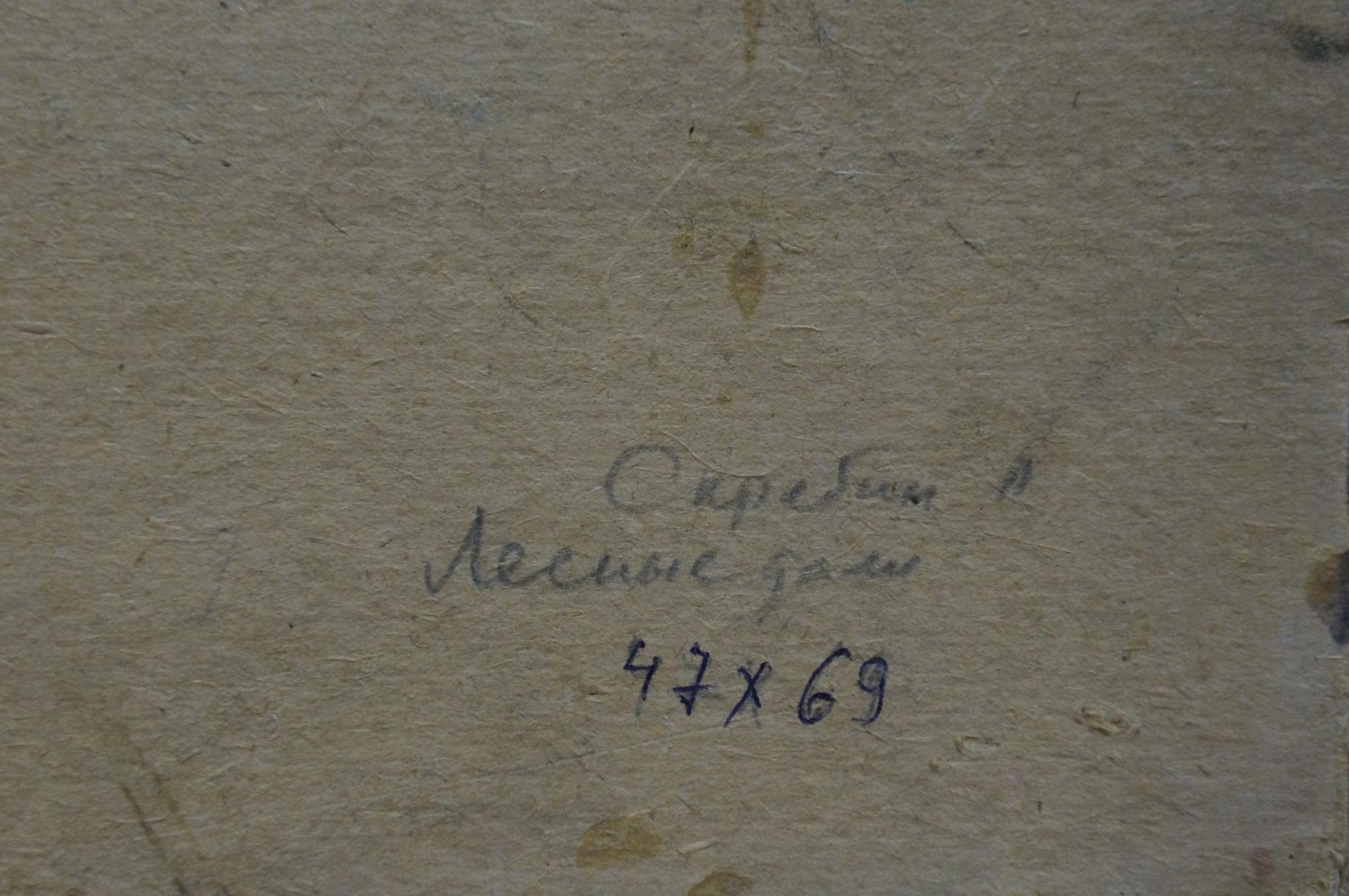 Back of Scriabin Petr Dmitrievich forest landscape oil painting with handwritten signature and dimensions on beige canvas