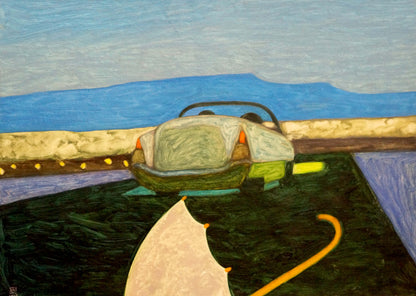 Oil painting Journey by Pitsykevych Eugene: olive-green vintage car on yellow road