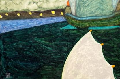 Oil painting Journey by Pitsykevych Eugene: white sailboat on green water