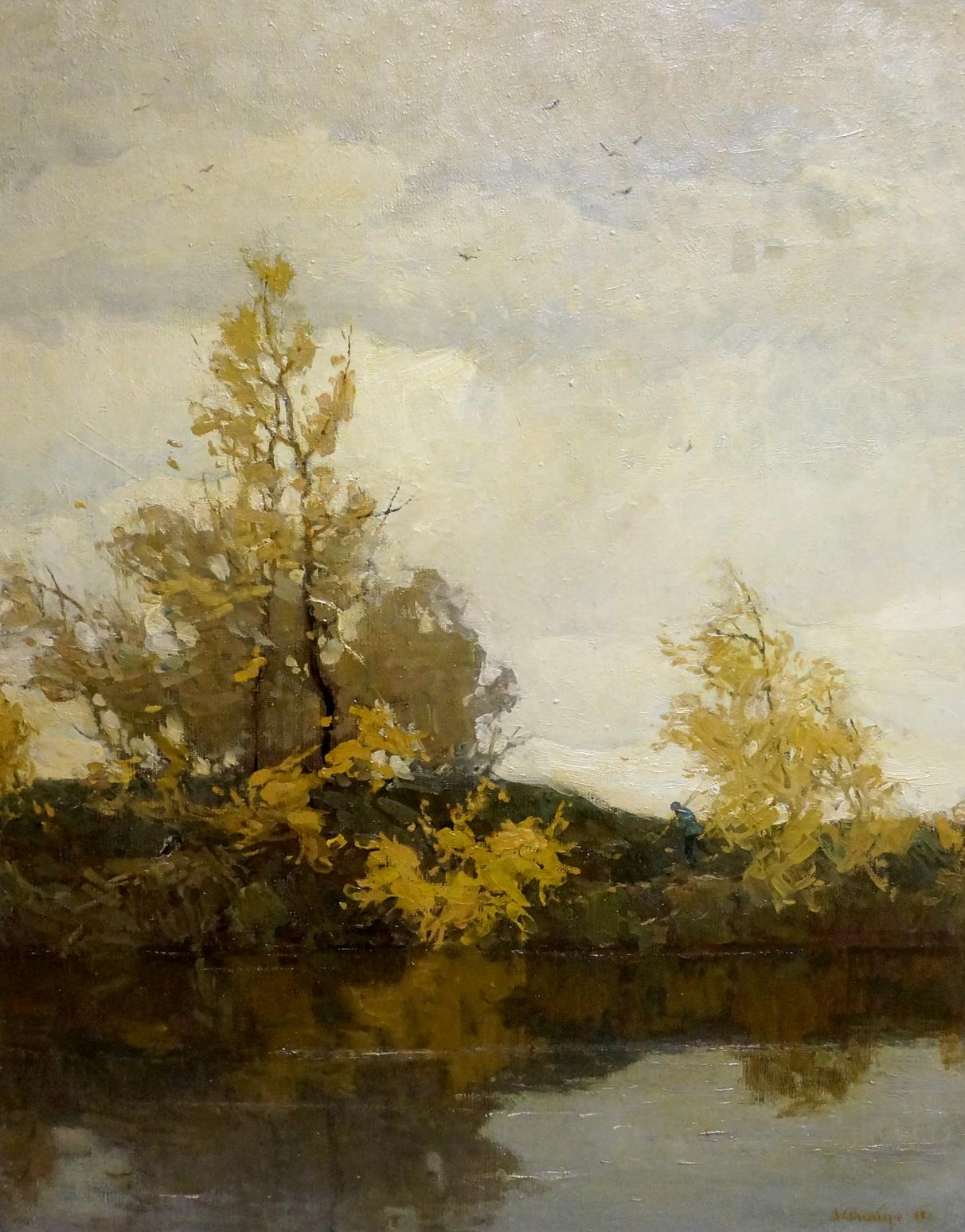 Autumn oil painting by Filbert Aleksandr Aleksandrovich: golden trees reflected in water