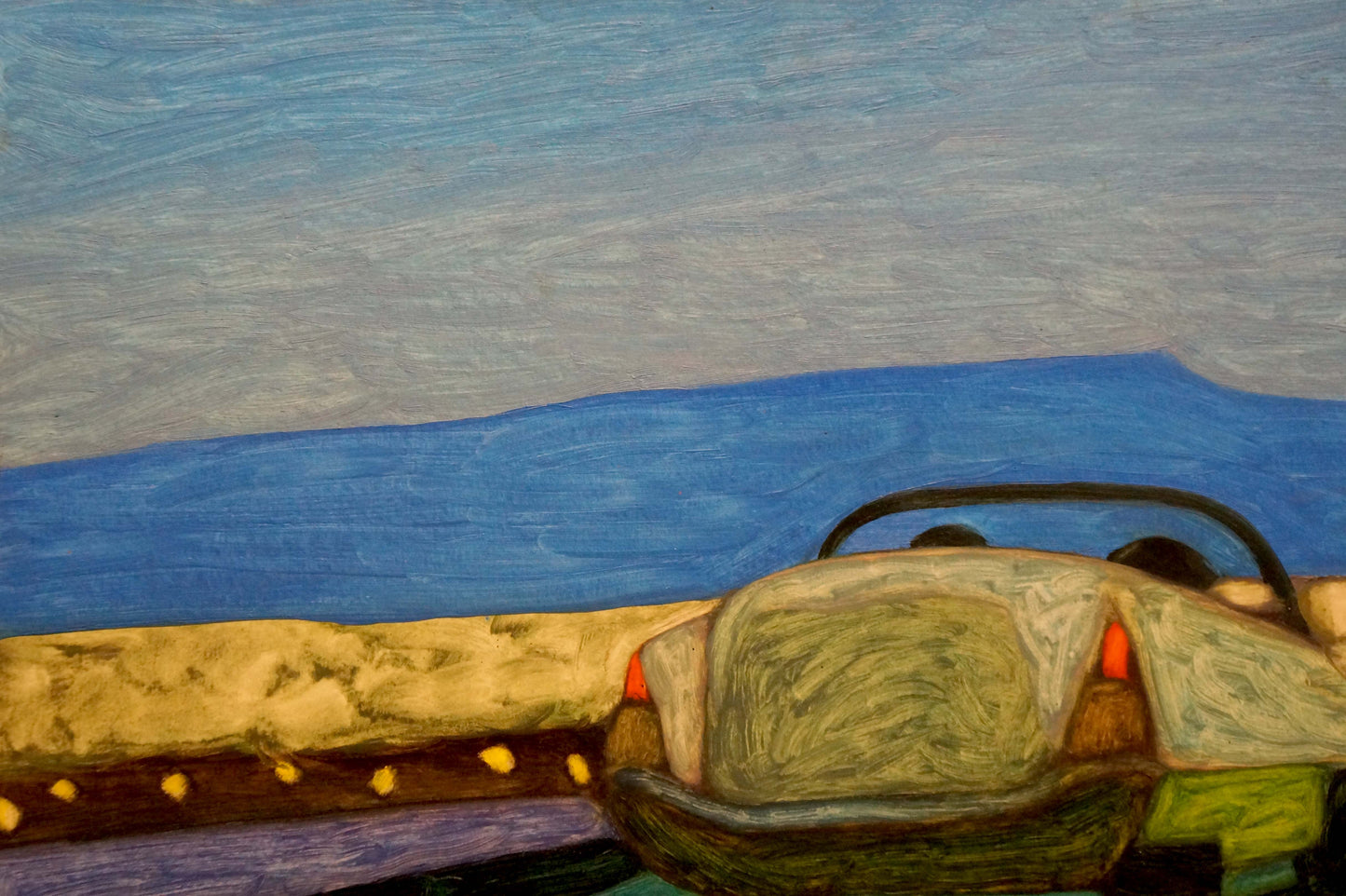 Oil painting Journey by Pitsykevych Eugene: beige convertible car by yellow stone wall