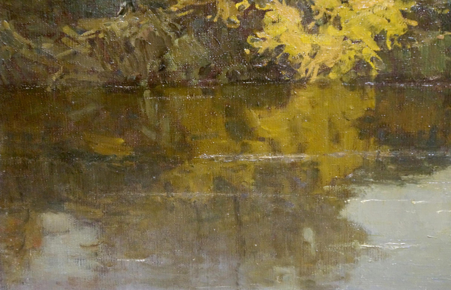 Oil painting Breath of Autumn by Filbert Aleksandr Aleksandrovich, serene water reflecting yellow foliage
