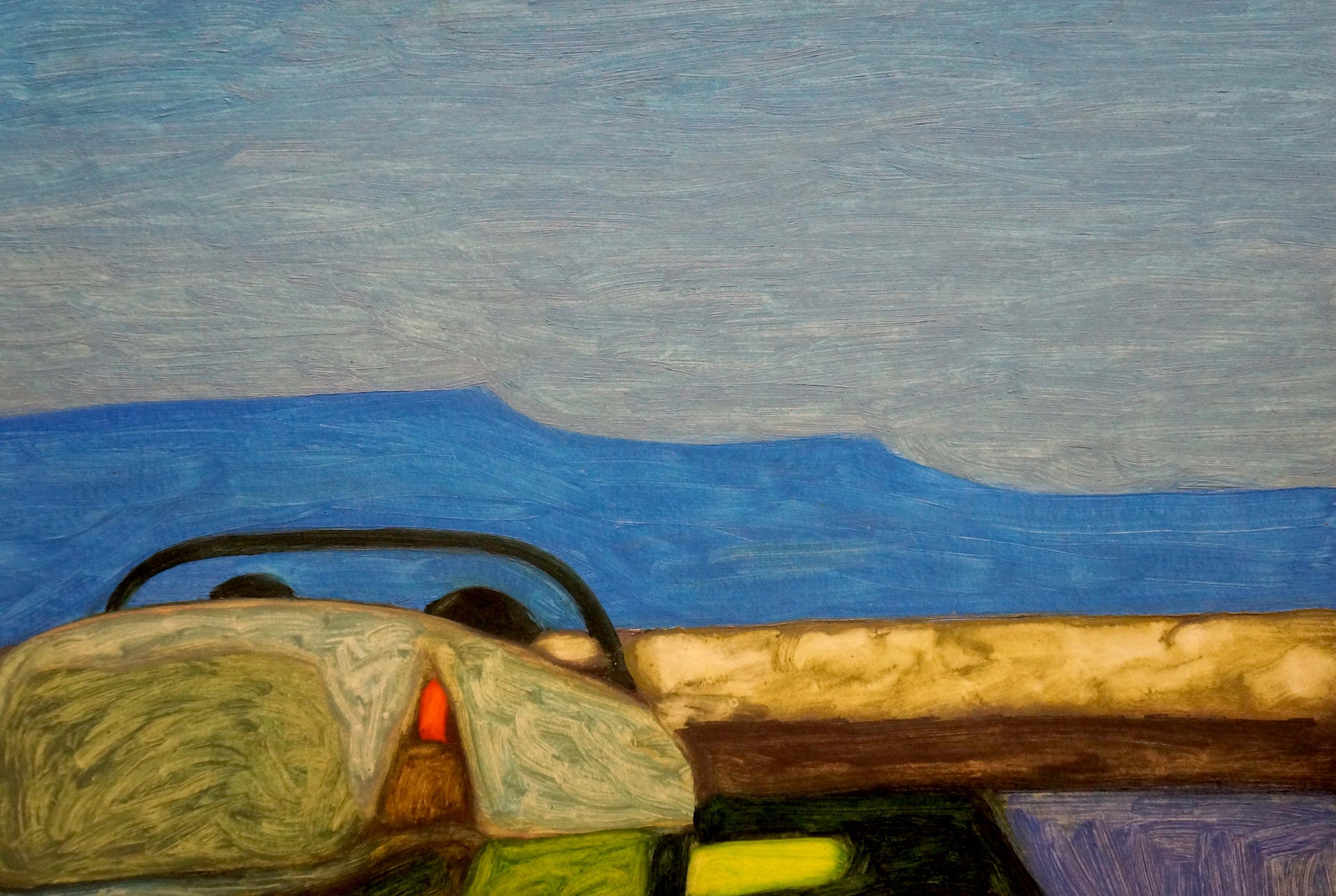 Oil painting Journey Pitsykevych Eugene: stylized vintage car rear with red taillight, blue water sky