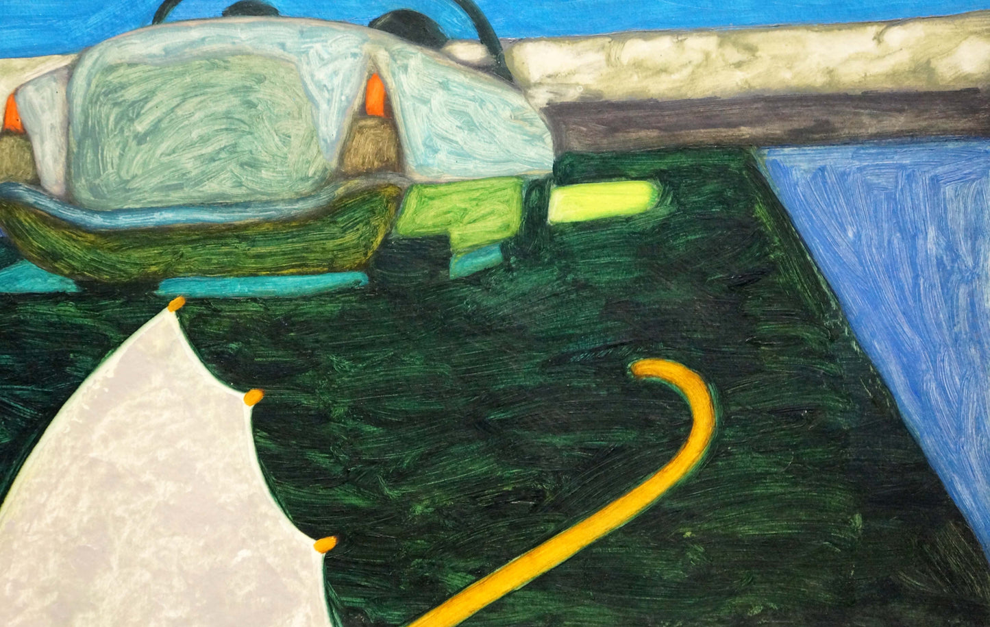 Oil painting Journey by Pitsykevych Eugene: light green car by blue water
