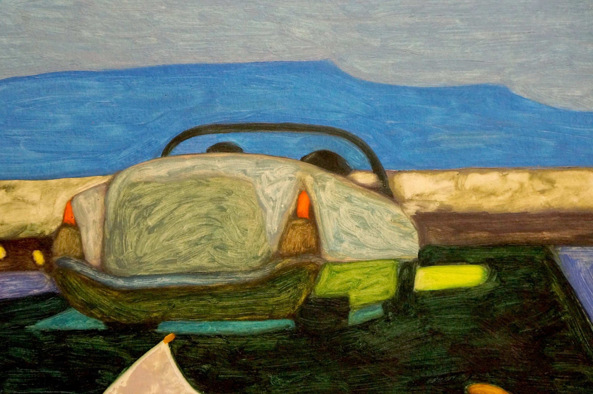 Oil painting Journey by Pitsykevych Eugene: stylized light green beige car rear