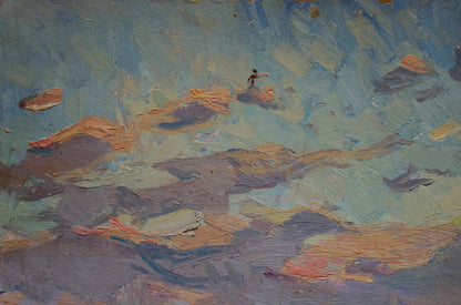 Oil painting The road to the city by Shepetovsky Vitaly Yakovlevich, textured sky in blue purple orange