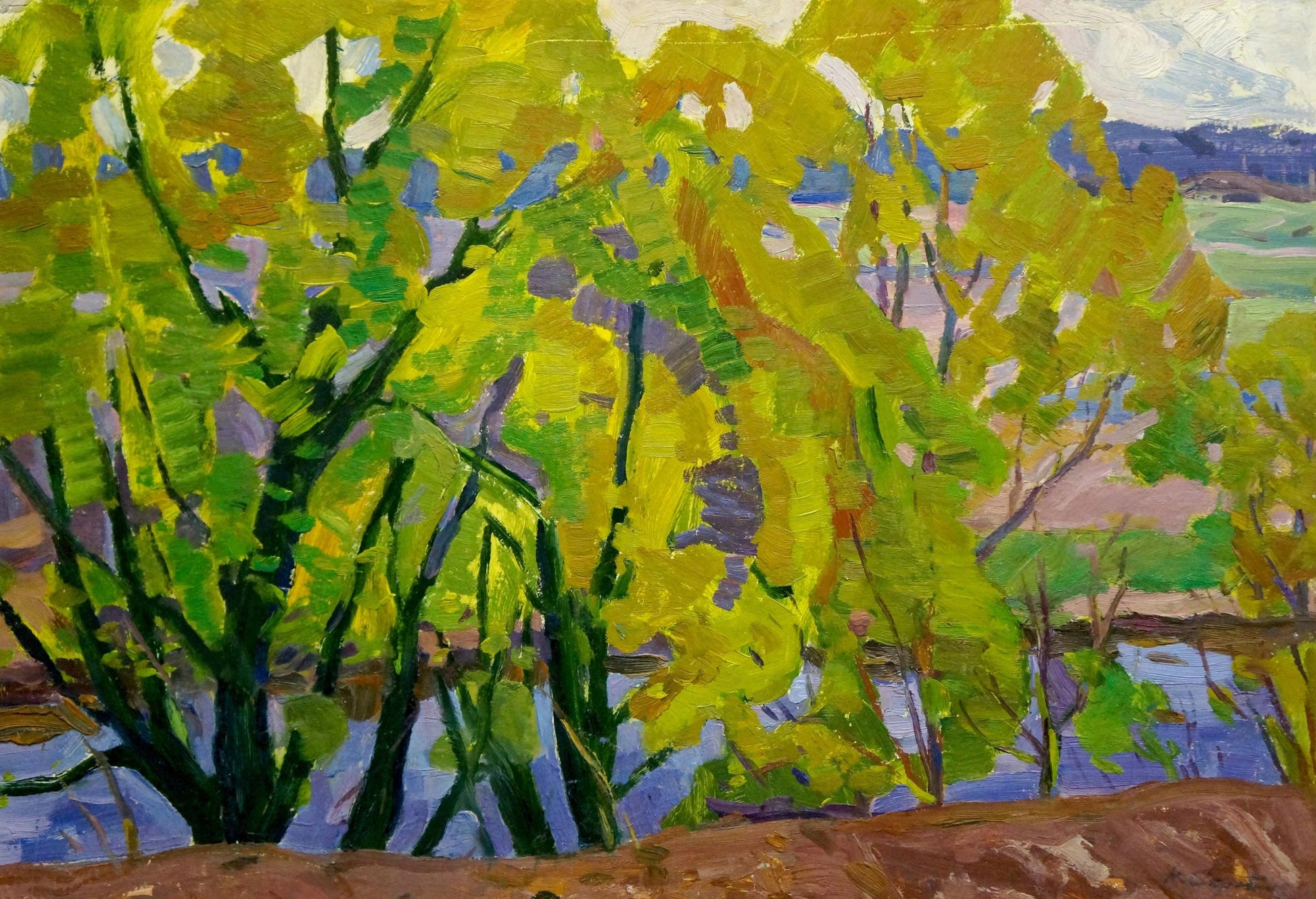 Impressionistic oil painting of vibrant yellow green trees and river near forest by Scriabin Petr Dmitrievich
