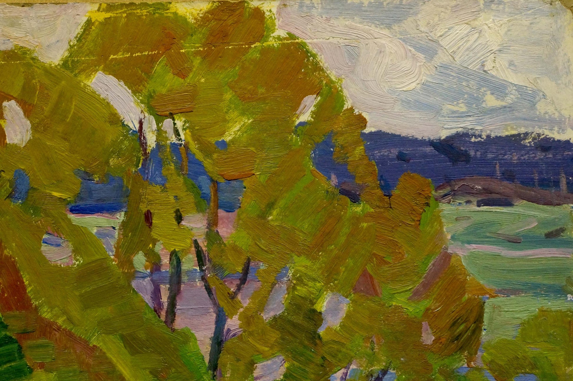 Vibrant impressionistic oil painting of river near forest by Scriabin Petr Dmitrievich