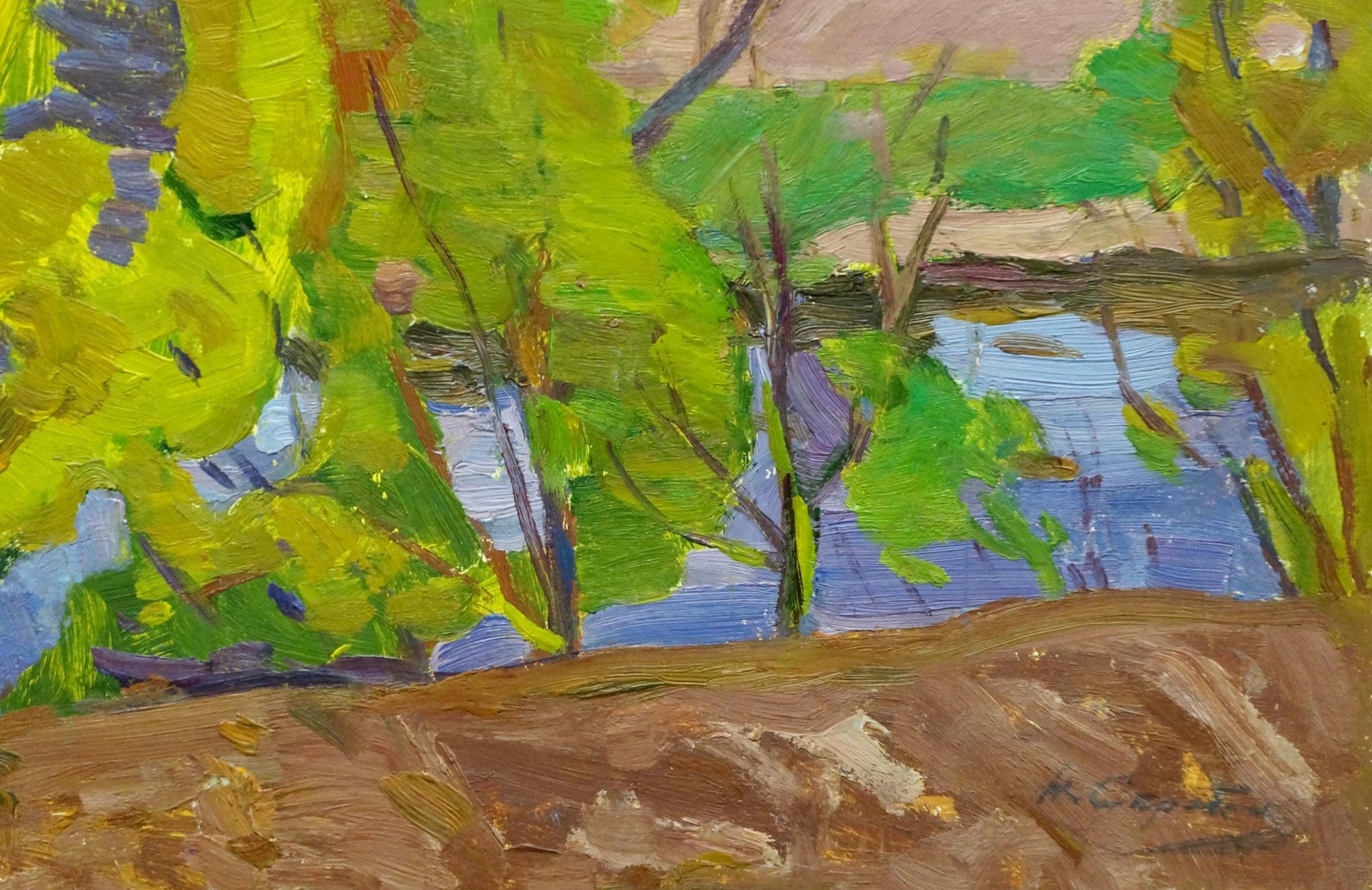 Vibrant impressionist oil painting of riverbank near forest by Scriabin Petr Dmitrievich