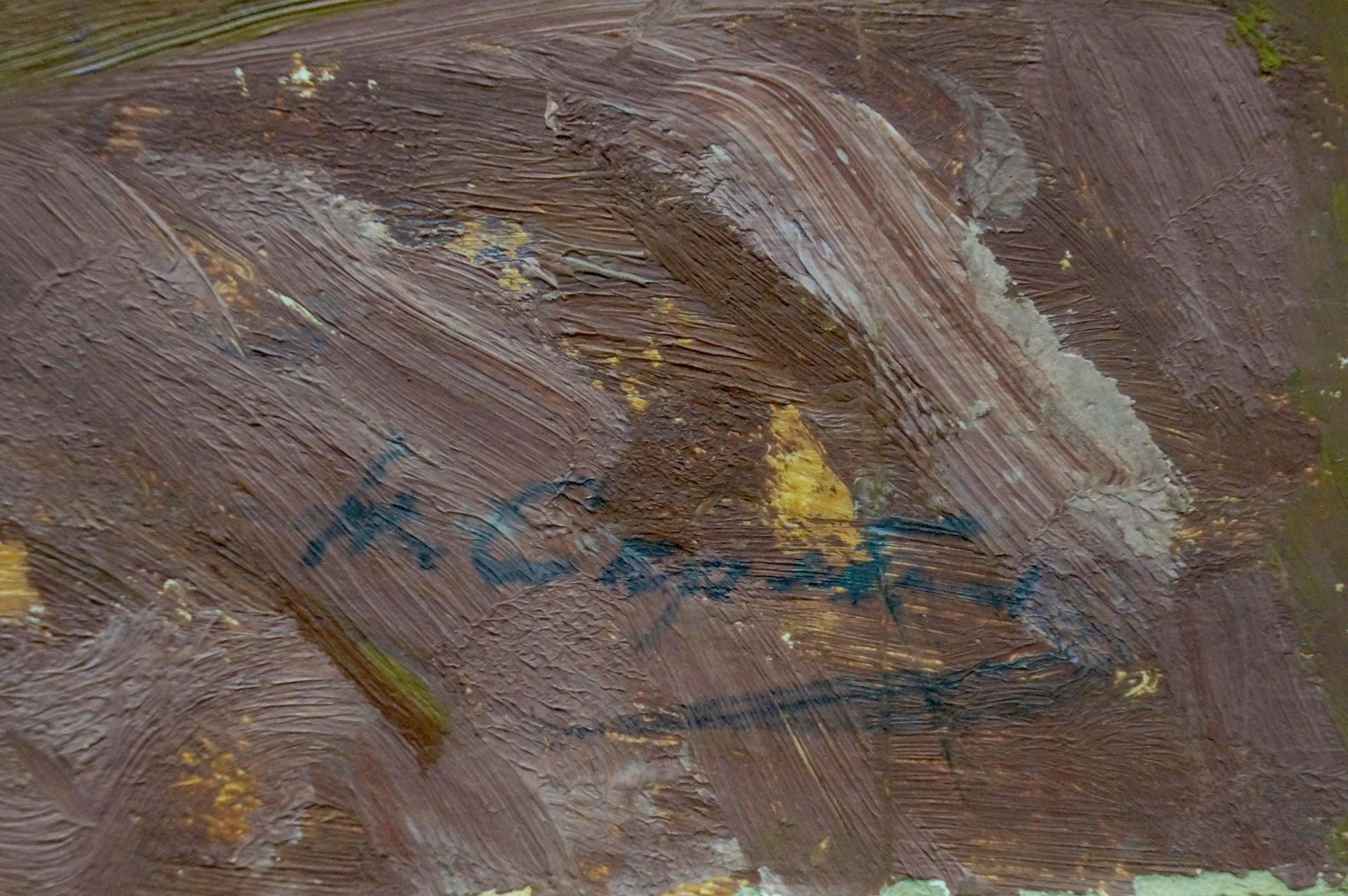 Back of Scriabin Petr Dmitrievich oil painting River near the forest, brown textured canvas with blue signature
