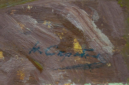 Back of Scriabin Petr Dmitrievich oil painting River near the forest, brown textured canvas with blue signature