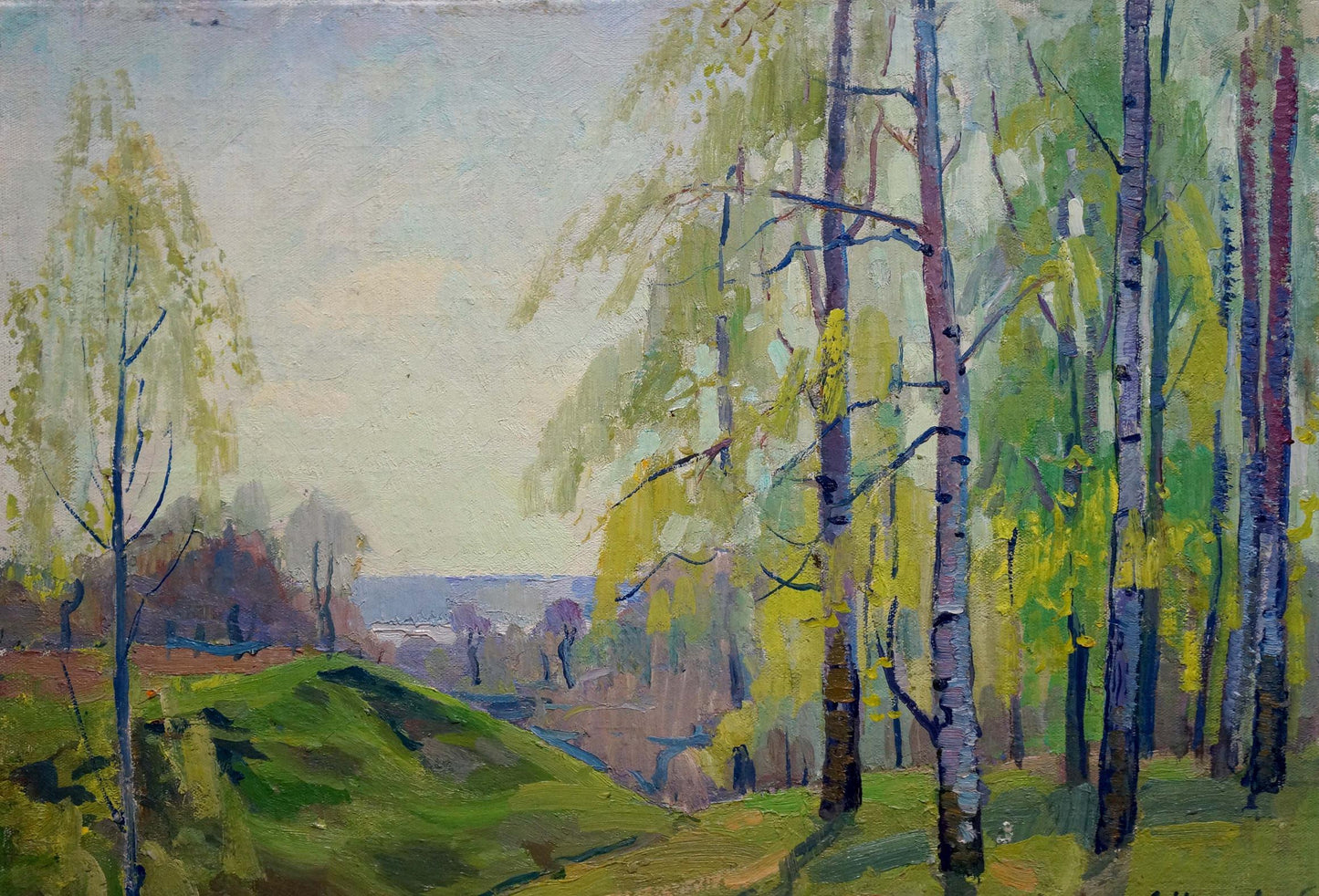 Serene impressionist oil painting of birch thicket by Shepetovsky Vitaly Yakovlevich