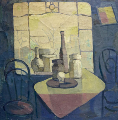 Oil painting workshop still life of glass bottles on yellow red cloth tiled wall