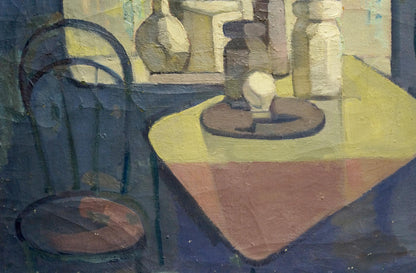 Oil painting workshop still life: dark-framed chair by yellow-pink table with bottles