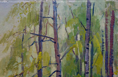 Vibrant impressionist oil painting of birch thicket by Shepetovsky Vitaly Yakovlevich