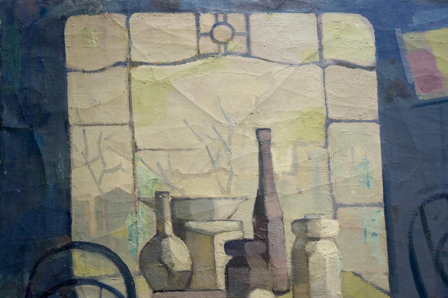 Muted ceramic and glass bottles on stone tiles in Oil Painting Workshop