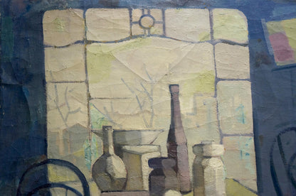 Muted ceramic and glass bottles on stone tiles in Oil Painting Workshop