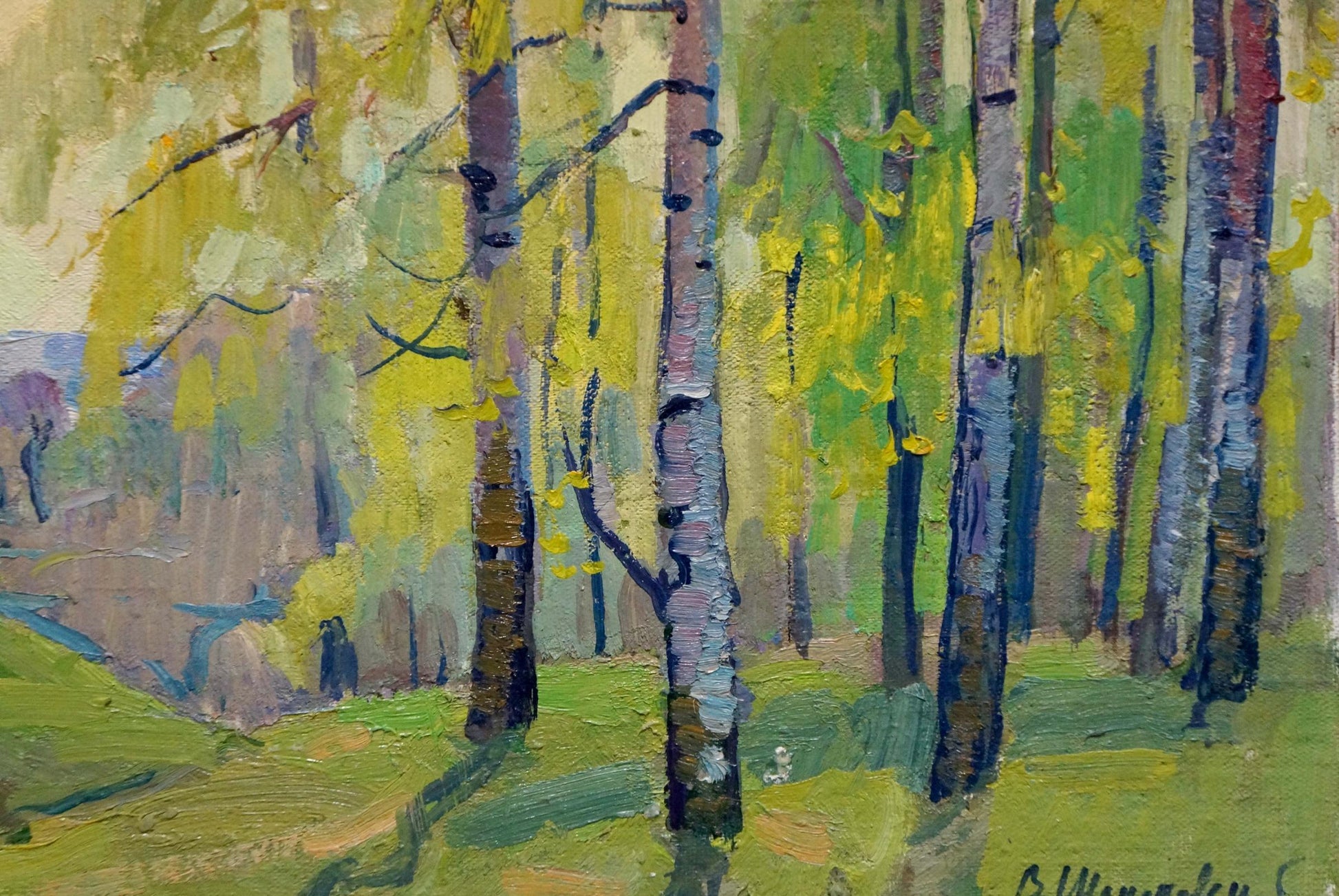 Vibrant impressionist oil painting of birch thicket by Shepetovsky Vitaly Yakovlevich