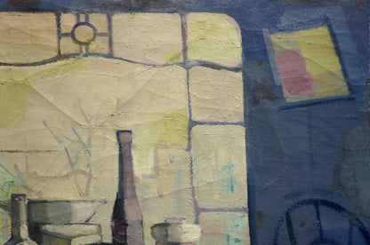 Dark slender bottle on textured yellow blue background in Oil painting Workshop